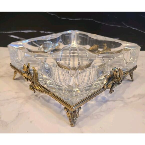 Vintage Glass Crystal Ashtray on a Gilt Ormolu Base Stand Hollywood Regency MCM - Picture 10 of 12